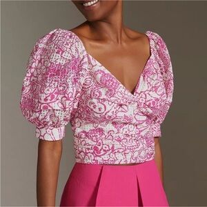 Anthropologie Maeve Pink & White Puff Sleeve Top